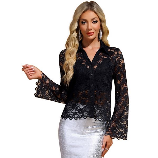 Lace Blouses for Women's Long Bell Sleeve Swing Trim Button Down Shirts Inspire Chic