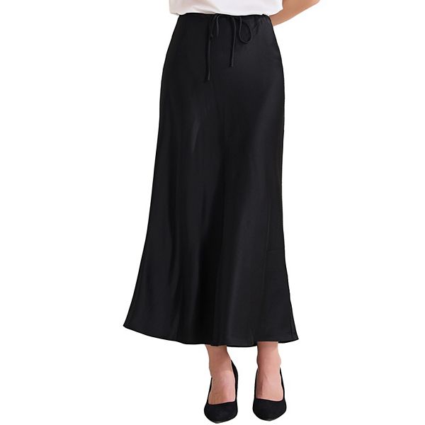 Women's Satin Maxi Skirt High Waist Drawstring Cocktail Wedding Skirts Inspire Chic