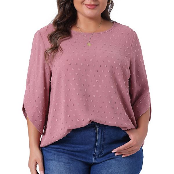 Plus Size Tops for Women Round Neck Petal Sleeve Swiss Dots Blouse T-shirt Casual Tops Grace & Grandeur