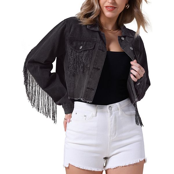 Women's Cropped Jean Jackets Fringe Long Sleeve Frayed Hem Tassel Trim Denim Jacket Inspire Chic