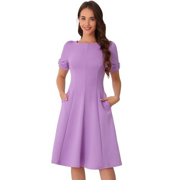 A-Line Work Dress for Women's Square Neck Ruched Short Sleeve Dresses Inspire Chic