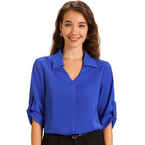 V Neck Collared Blouses for Women's Roll Up 3/4 Sleeves Flowy Pleated Tunic Tops Inspire Chic