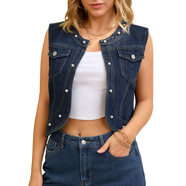 Women's Cropped Denim Cardigan Sleeveless Decor Pearl Jean Jacket Shrug Inspire Chic