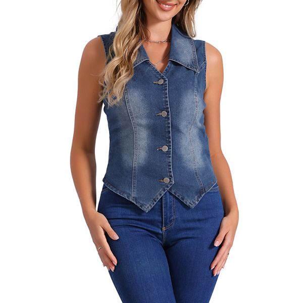 Denim Vest for Women's Sleeveless Collared V Neck Button Down Waistcoat Corset Bustier Jean Jacket Inspire Chic