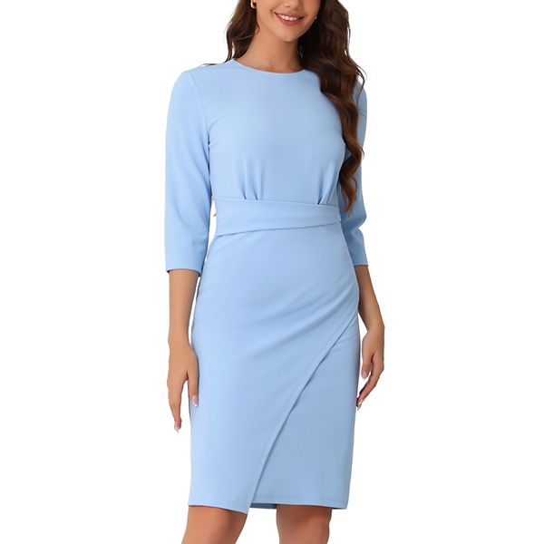 3/4 Sleeve Bodycon Pencil Dress for Women's Round Neck Wrap Wear to Work Church Midi Dress Inspire Chic