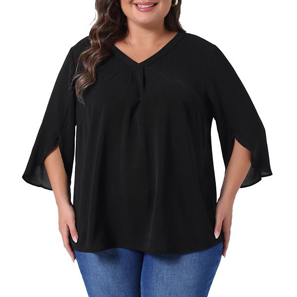 Plus Size Top for Women 3/4 Sleeve V Neck Chiffon Work Shirt Dressy Tunic Tops Grace & Grandeur