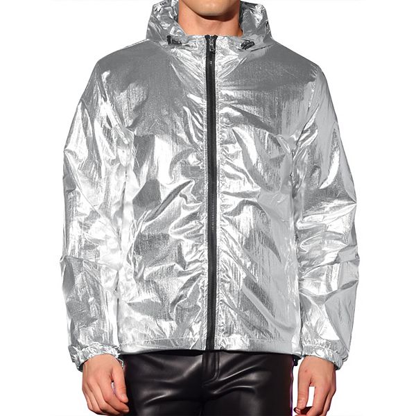 Metallic Jackets for Men's Zip Up Disco Party Hooded Windbreaker Shiny Jacket Inspire Chic