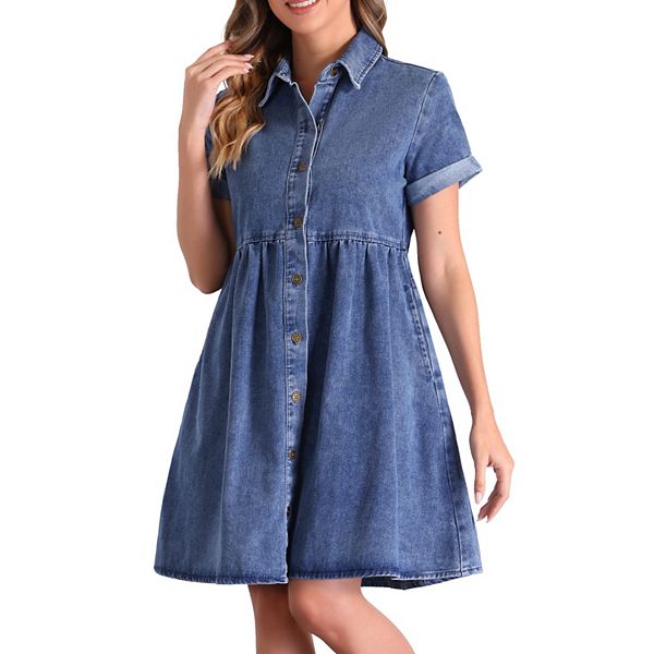 Denim Shirt Dress for Women's Collared Button Down Short Sleeve Babydoll Jean Dresses with Pockets Inspire Chic