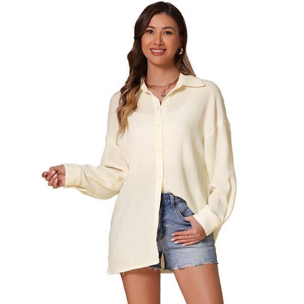 Long Sleeve Top for Women's Button Up Casual Loose Textured Shirt Inspire Chic