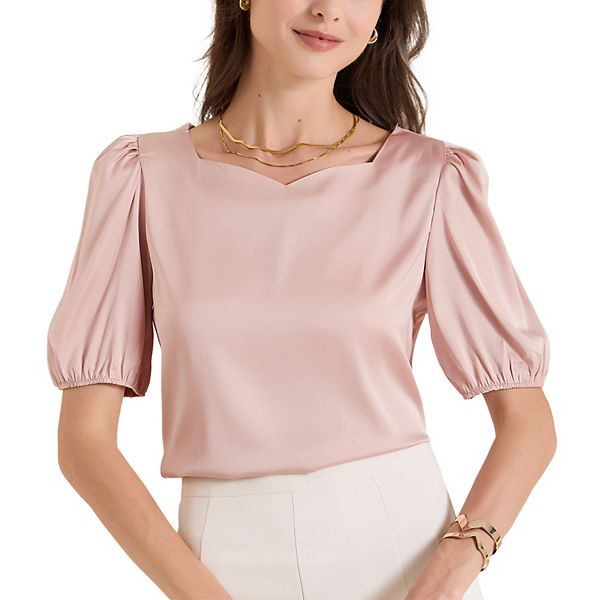 Women's Elegant Sweetheart Neck Half Sleeve Office Work Satin Blouse Top Inspire Chic