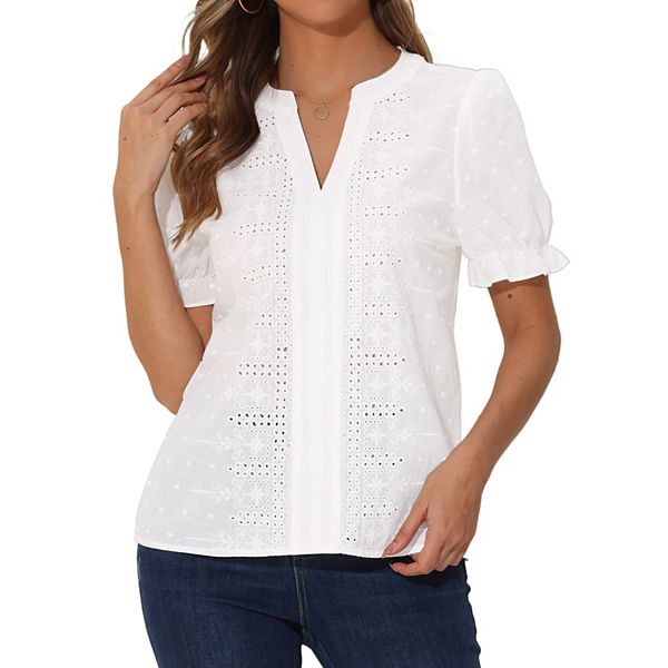 Casual Eyelet Top for Women's Notch V Neck Short Puffy Sleeve Lace Embroidered Cotton Blouse Shirts Inspire Chic