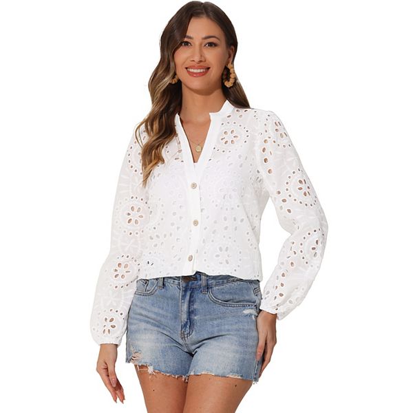 Boho Blouse for Women's Collared V Neck Hollow-Out Eyelet Puffy Sleeve Button-Up Shirt Inspire Chic