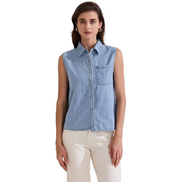 Women's Sleeveless Denim Button Down Single Breasted Shirts Collared Casual Blouse Tops with Pocket Inspire Chic