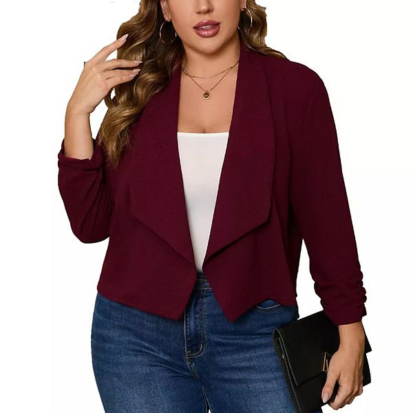 Women Plus Size Casual Blazer Open Front 3/4 Gathered Sleeve Work Office Business Cardigan Jackets Kojooin