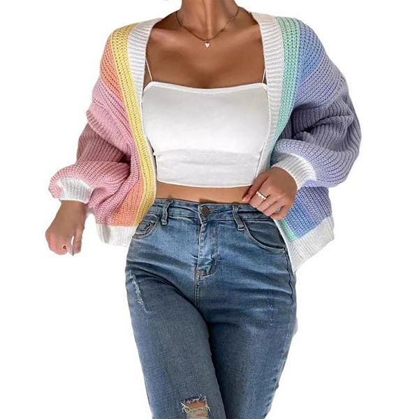 Women's Patchwork Print Drop Shoulder Open Front Cardigan Casual Long Sleeve Sweater Kojooin