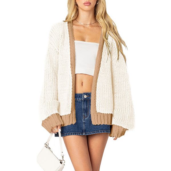 Women's Long Sleeve Cable Knit Sweater Color Block Open Front Cardigan Chunky Loose Outerwear Coats Kojooin