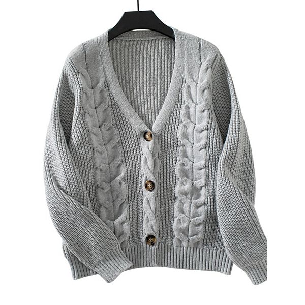 Women's Fall Winter Light Knit Crochet Solid Color Long Sleeve Sweater Button Cardigan Kojooin