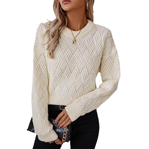 Womens Aesthetic Cable Knit Pullover Sweater Vintage Chunky Long Sleeve Oversized Knitted Tops Kojooin