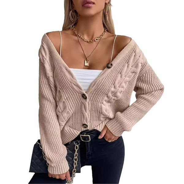 Women's Fall Winter Light Knit Crochet Solid Color Long Sleeve Sweater Button Cardigan Kojooin