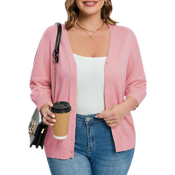 Women's Plus Size Cardigan Open Front Oversized Button Sweaters V Neck 3/4 Sleeve Knit Outwear Kojooin