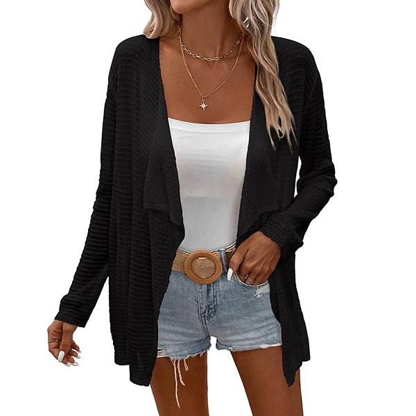 Womens Lightweight Crochet Cardigan Sweater Rib Knit Open Front Sweater Coats Kojooin