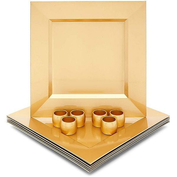 Square Metallic Gold Plastic Charger Plates and Napkin Rings Set (Serves 6) Juvale