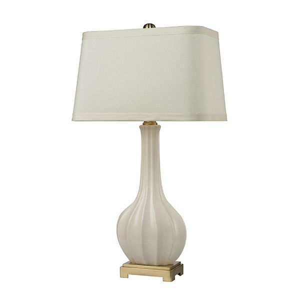 34” White and Gold Fluted Ceramic Table Lamp with White Faux Silk Hardback Shade Contemporary Home Living