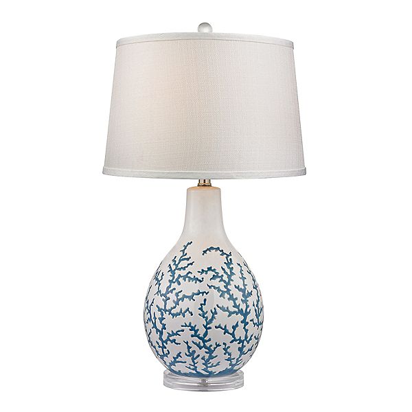 27" White and Blue Coral Design Sixpenny Table Lamp with Round Textured White Linen Shade Contemporary Home Living