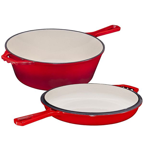 2 In 1 Red Cast Iron Skillet With Lid, 5 Quarts Enameled Cast Iron With Handle Bruntmor