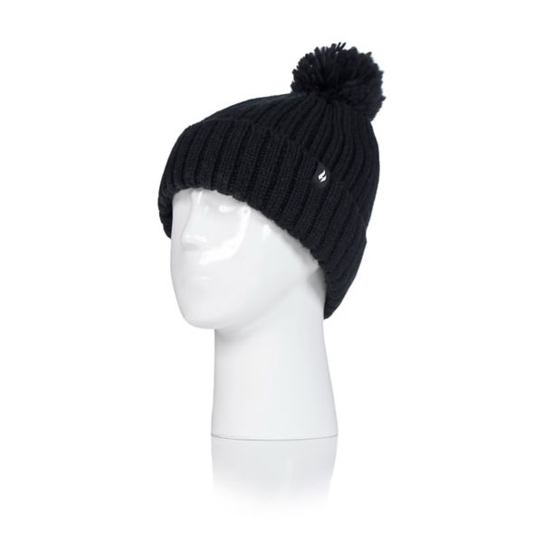 Women's Heat Holders Heatweaver Lined Ribbed Roll Up Pom Hat Heat Holders