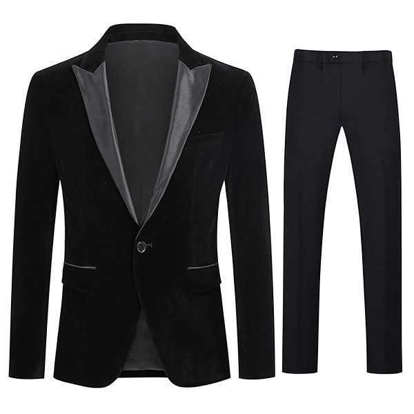 Men's Velvet 2 pc Suit Peaked Lapel Single Button Tuxedo Dinner Jacket Pants Cloudstyle