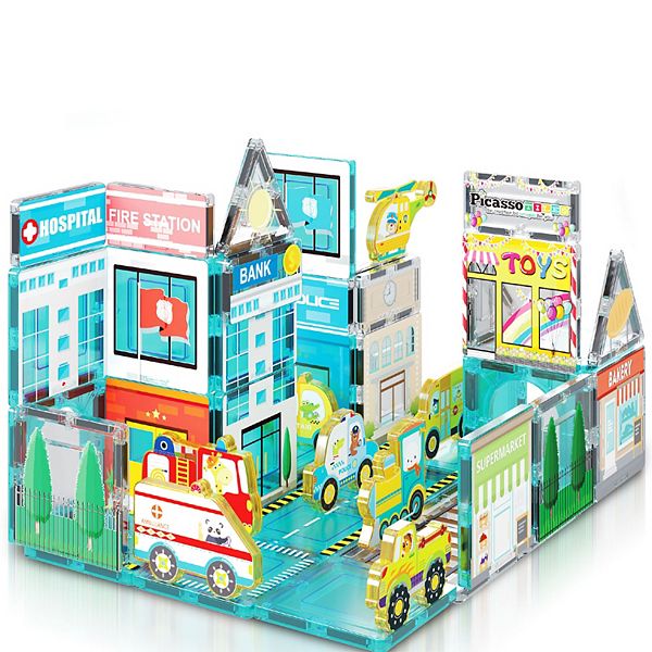 PicassoTiles 50 PC Metro City Themed, Magnetic Tiles, Magnetic Building Blocks for Kids 3+ PicassoTiles