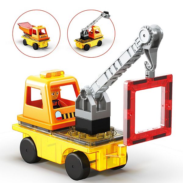 PicassoTiles 15 PC Magnet Tile Building Blocks 3-in-1 Construction Vehicle Toy Set for Kids 3+ PicassoTiles