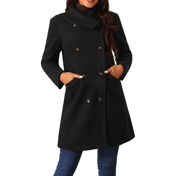 Women's Double Breasted Peacoat Fashion Winter Outwear Casual Collar Jackets With Pockets Seta T