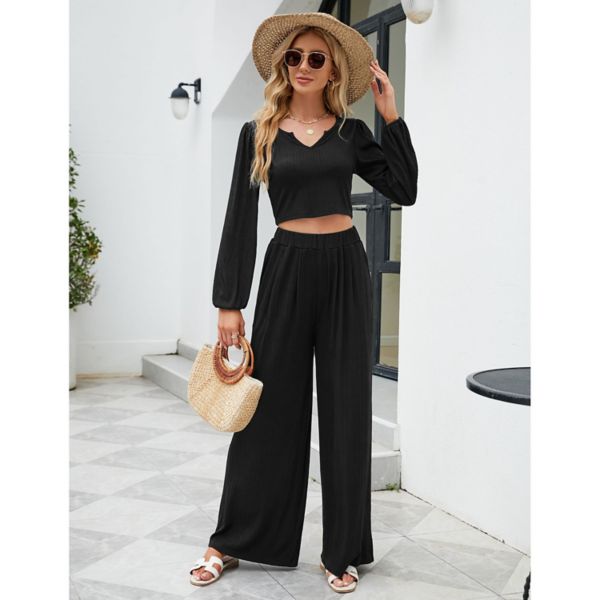 Women 2 Piece Lounge Set Ribbed Knit Long Sleeve Crop Top Wide Leg Palazzo Pants Outfits Kojooin