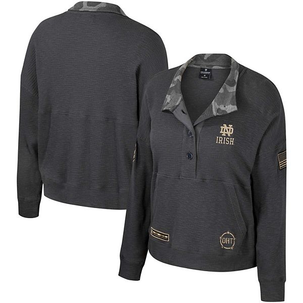 Women's Colosseum  Heather Charcoal Notre Dame Fighting Irish OHT Military Appreciation Payback Henley Thermal Sweatshirt Colosseum