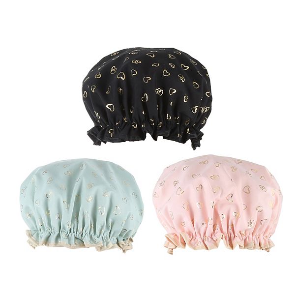 3pcs Shower Cap 2 Layers Heart Shape Elastic Hair Cap Reusable Bath Caps For Women Pink Green Black Unique Bargains