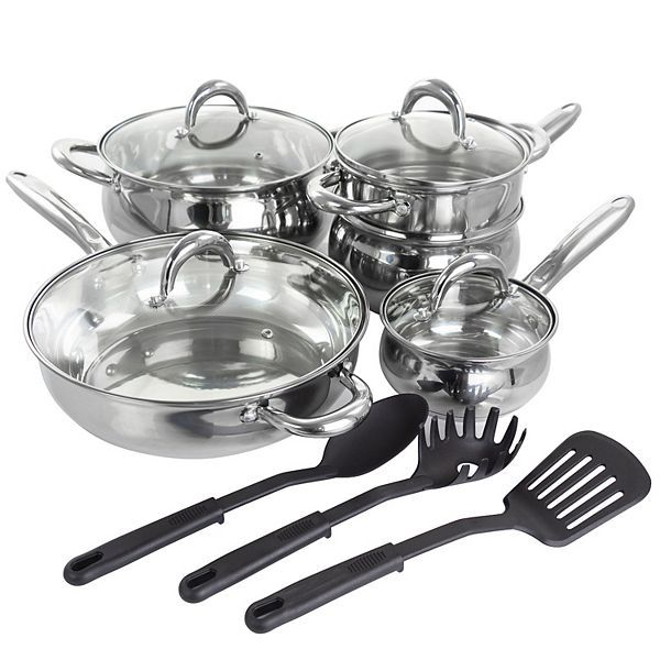 Gibson Home Ancona 12 Piece Stainless Steel Belly Shaped Cookware Set with Kitchen Tools Gibson Home