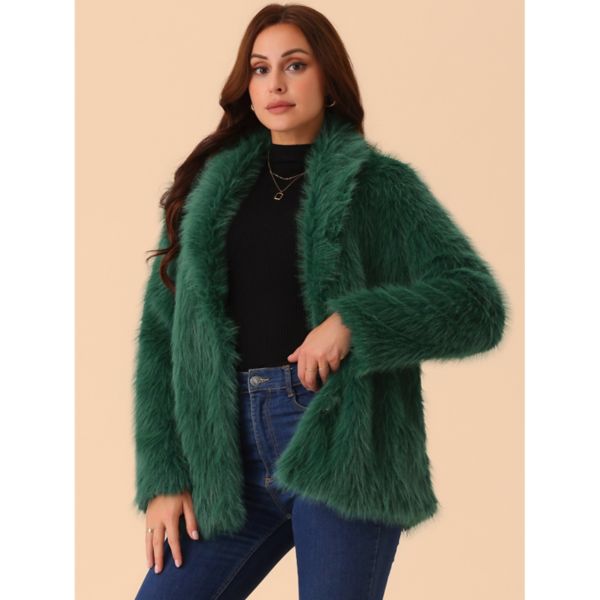 Women's Faux Fur Coat Long Sleeve Pockets Lapel Shaggy Warm Winter Overcoat Fluffy Jackets Seta T