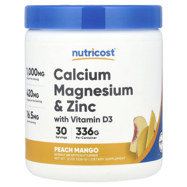 Calcium Magnesium & Zinc with Vitamin D3, Peach Mango, 12 oz (336 g) Nutricost