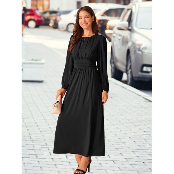 Women's Crewneck Lantern Long Sleeves A-line Pleated Chiffon Maxi Formal Dress Seta T