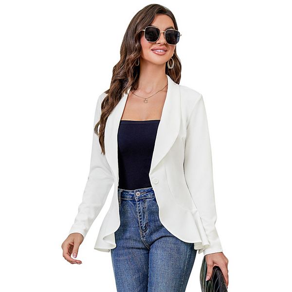 Womens Casual Blazer Long Sleeve Open Front Ruffle Work Office Cardigan Suit Jackets Kojooin