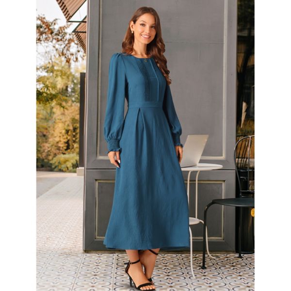 Women's Elegant Frilled Crewneck Long Sleeve Pleated A-line Flowy Casual Dresses With Pockets Seta T