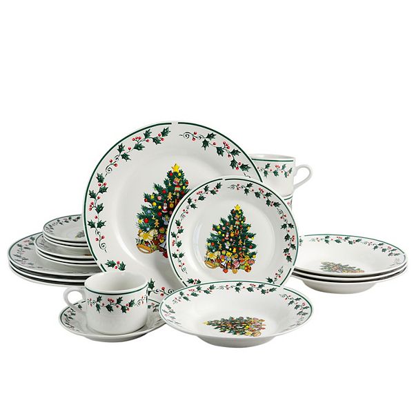 Gibson Home 20 Piece Ceramic Christmas Tree Trimming Dinnerware Set Gibson Home