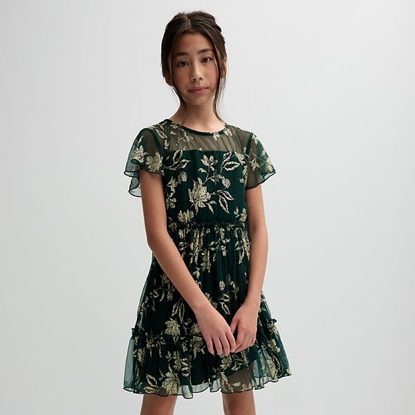 Girls 7-16 Speechless Floral Print Flutter Sleeve Mesh Accented Dress Speechless