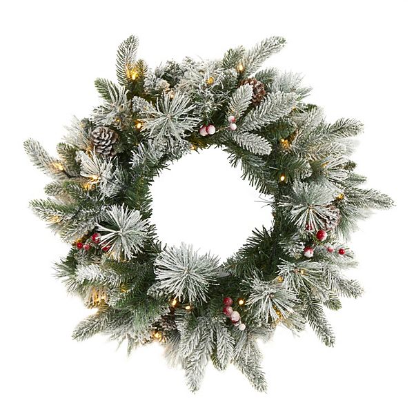 nearly natural Flocked Mixed Pine LED Artificial Christmas Wreath Nearly Natural