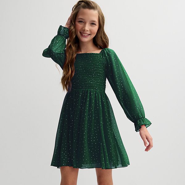 Girls 7-20 Speechless Glitter Mesh Long Sleeve Smocked Dress in Regular and Plus Size Speechless