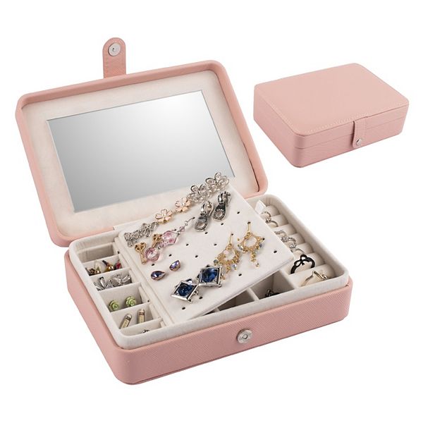 Portable Travel Jewelry Box Organizer Case W/ Mirror For Rings Earrings Storage Zodaca