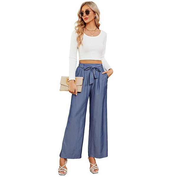 Wide Leg Pants For Women High Waisted Business Work Casual Adjustable Tie Knot Dress Pants Kojooin