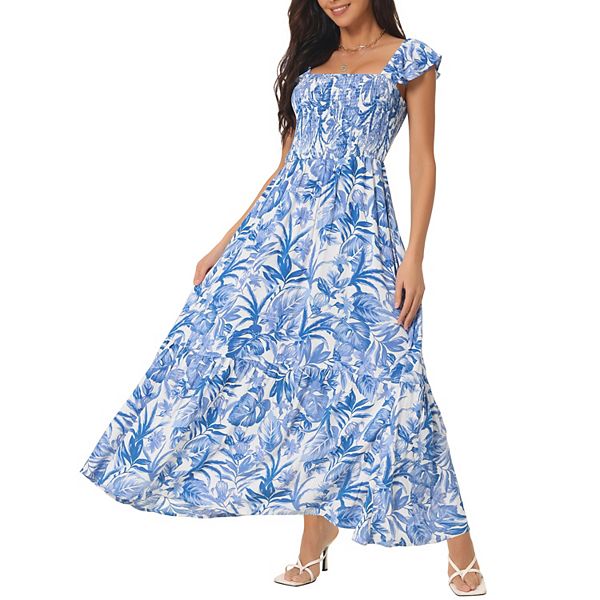 Women's Summer Boho Smocked Beach Dresses Square Neck Sleeveless Ruffle Floral Flowy Tiered Maxi Seta T